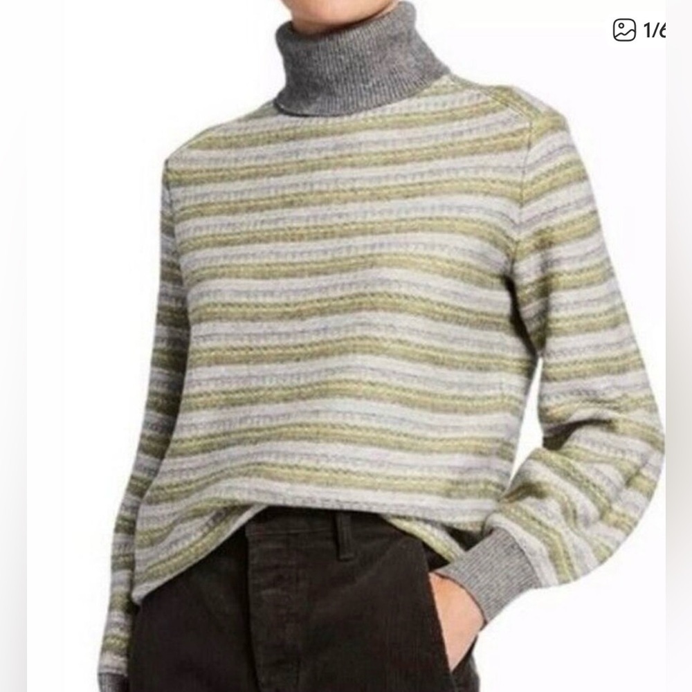 Vince Green Gray Fair Isle Striped Wool Cashmere Turtleneck Sweater Size Large